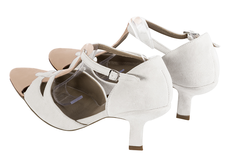 Powder pink and pure white women's T-strap open side shoes. Tapered toe. Medium spool heels. Rear view - Florence KOOIJMAN